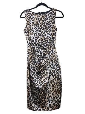 Cache Leopard-Print Satin Ruched Vintage Sheath Dress Size 6